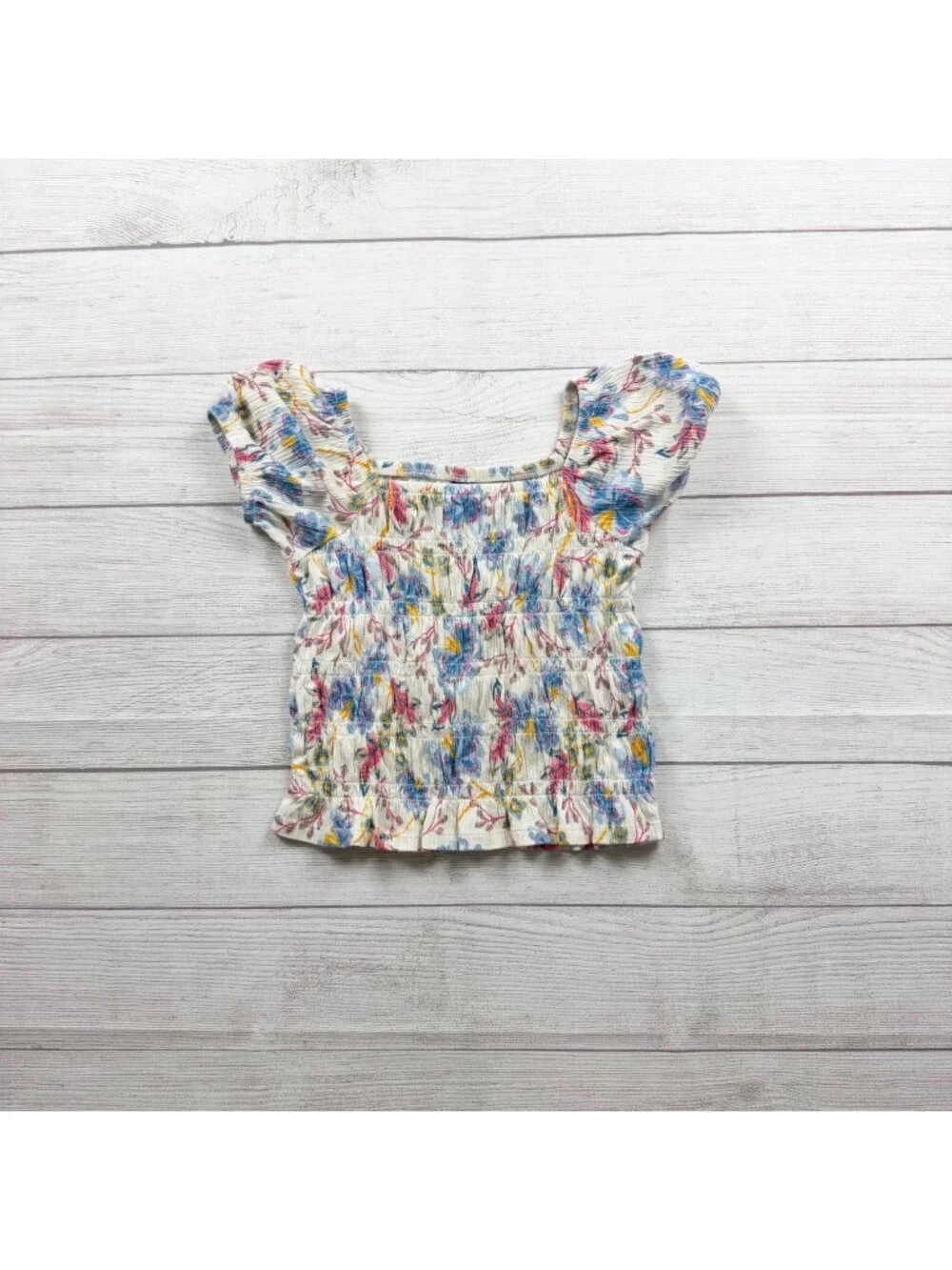 Old Navy Girls Floral Smocked Short Sleeve Top White Multicolor M 8
